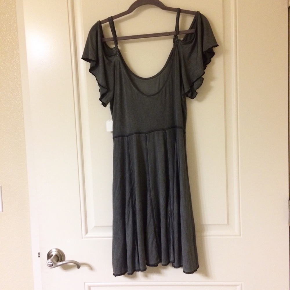 Charcoal Dark Grey Cold Shoulder Flare Dress - Picture 3 of 5